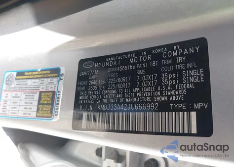 2018 Hyundai Tucson Sel Plus z USA, uszkodzony, nr VIN KM8J33A42JU666992